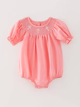 Load image into Gallery viewer, Pink Smocking Embroidered Crucifix Girls Romper
