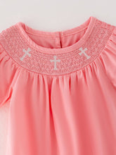 Load image into Gallery viewer, Pink Smocking Embroidered Crucifix Girls Romper
