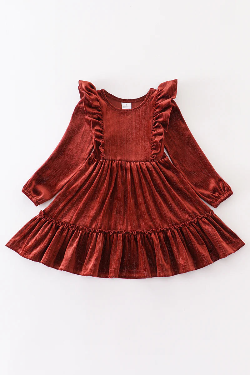 Brown Velvet Ruffle Dress