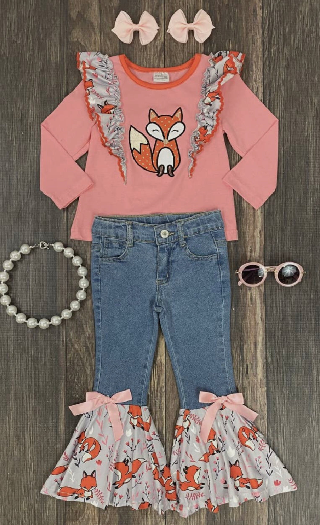 Pink Fox Denim Bell Bottoms Set