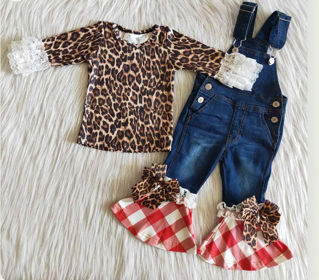 Leopard  Overalls Denim Set