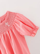 Load image into Gallery viewer, Pink Smocking Embroidered Crucifix Girls Romper
