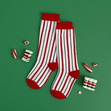 Load image into Gallery viewer, Candy Cane Striped Scalloped Knee High Socks
