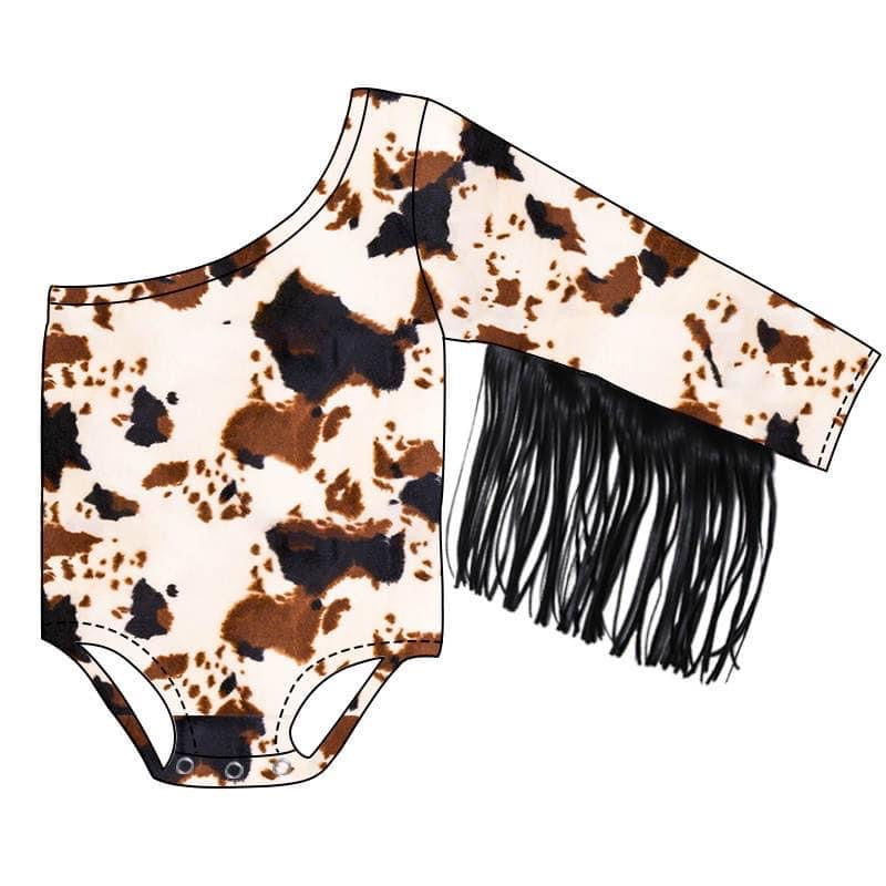 Cow print fringe sleeve off bodysuit