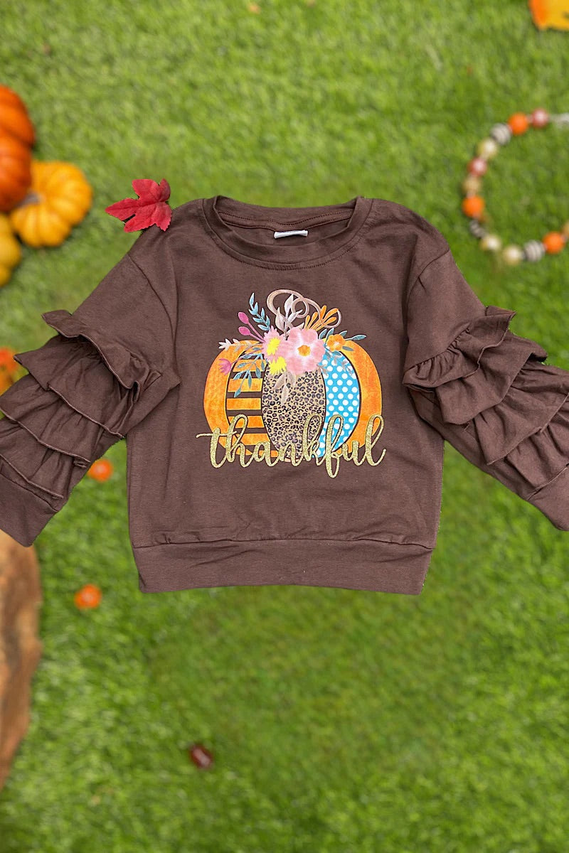 Thankful Pumpkin Ruffle Sleeve Top