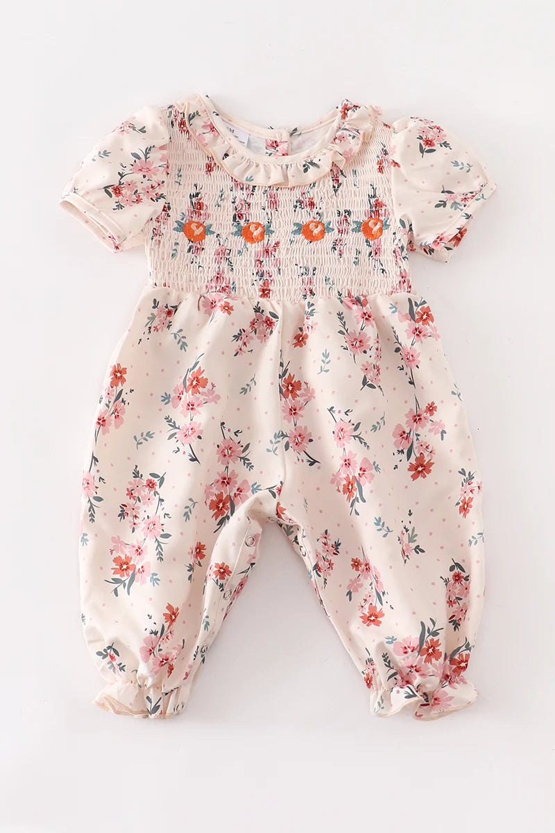 Beige Floral Smocked Romper
