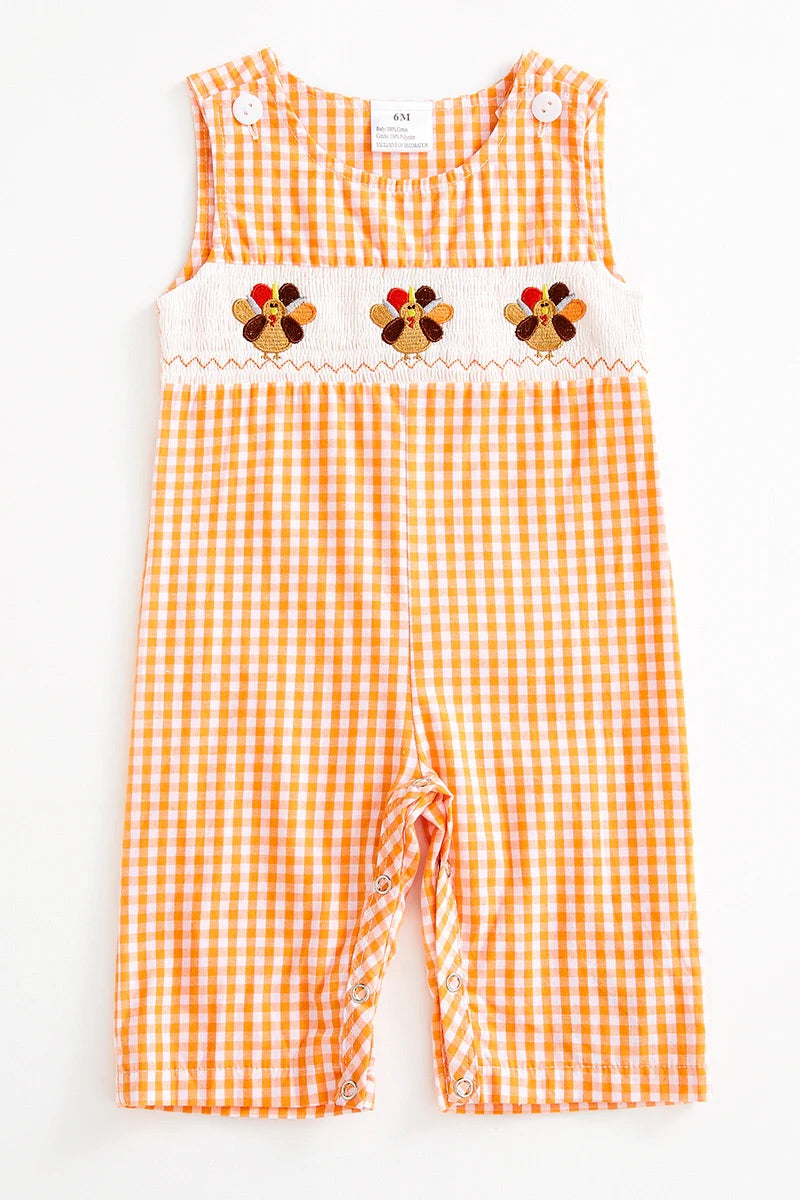 Orange Plaid Turkey Smocked Romper