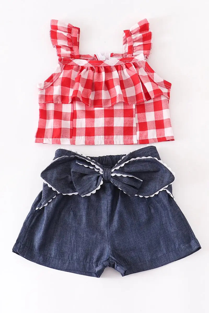 Red Plaid Bow Tie Shorts Set